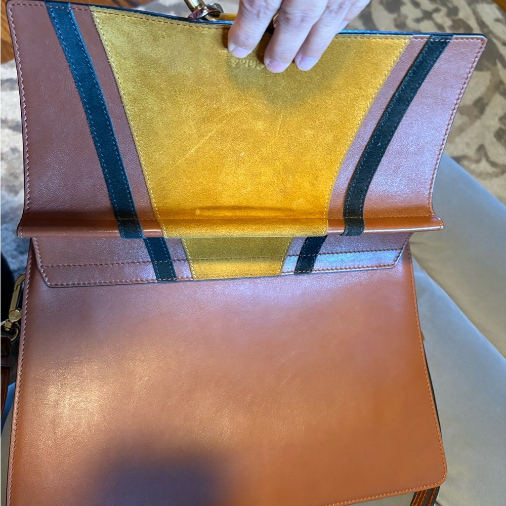 Chloe Two-Tone Suede & Leather Shoulder Bag in Mustard, Brown & Black - Picture 4 of 11